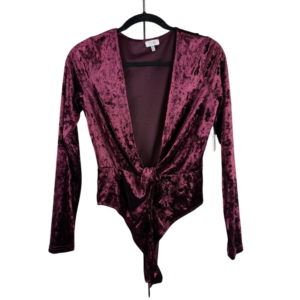 Tobi Burgundy Crushed Velvet Plunge V-Neck Tie Front Bodysuit Whimsigoth Small